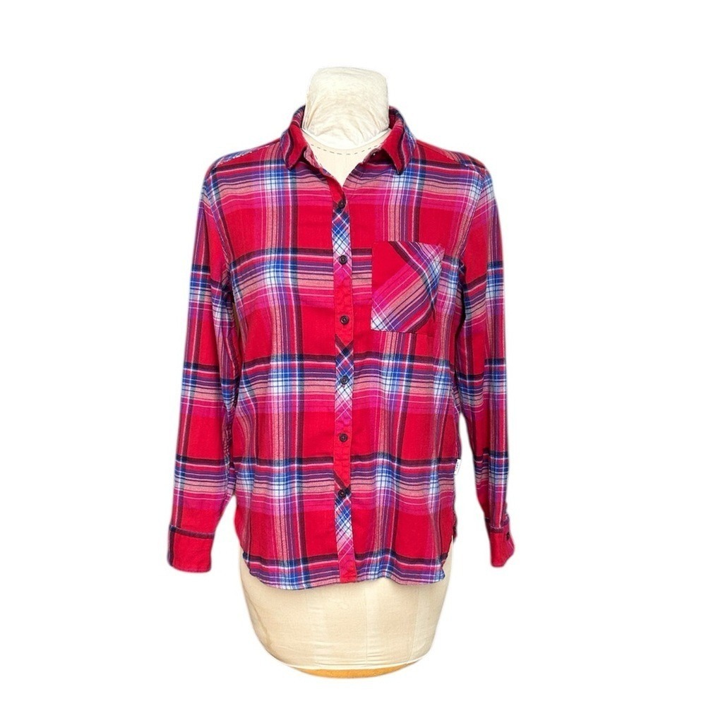 Orvis Plaid Flannel Shirt Womens Red Blue Purple Button Up Stretch L